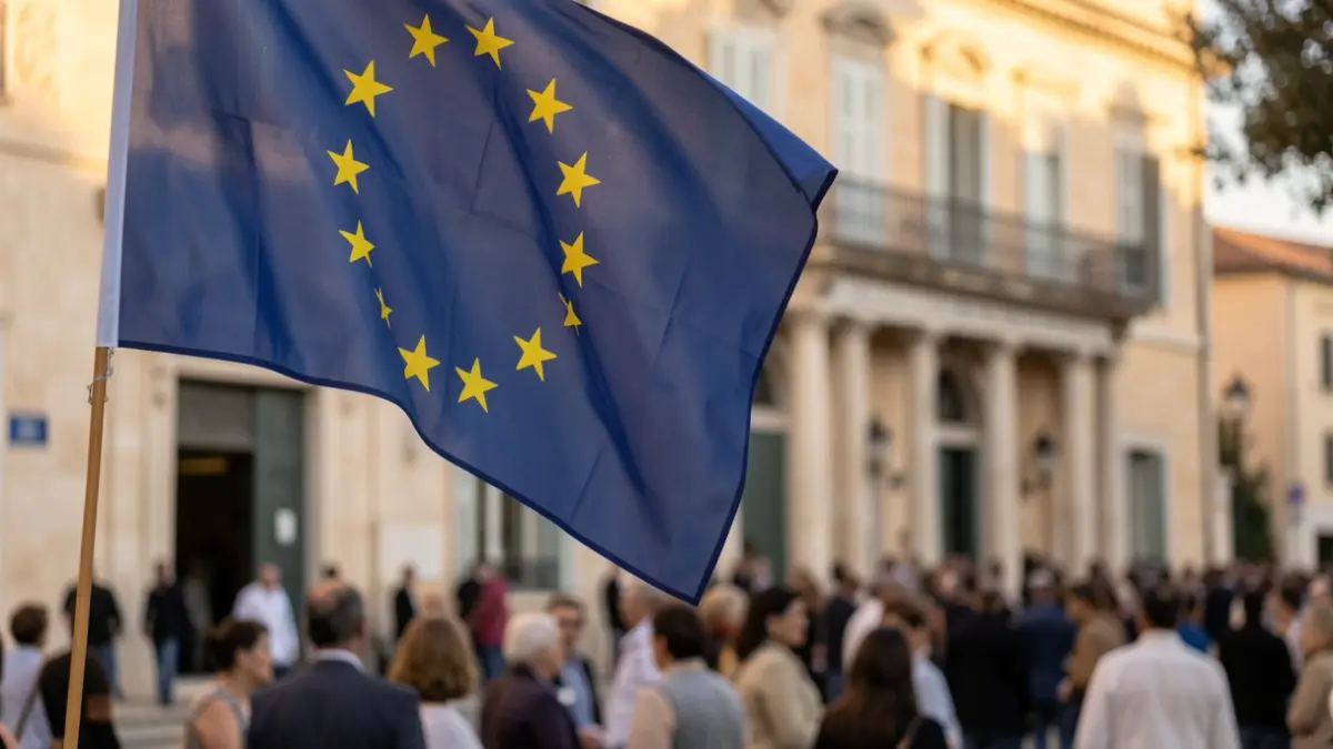 Imatge genèrica d'una bandera europea davant d'un edifici oficial.