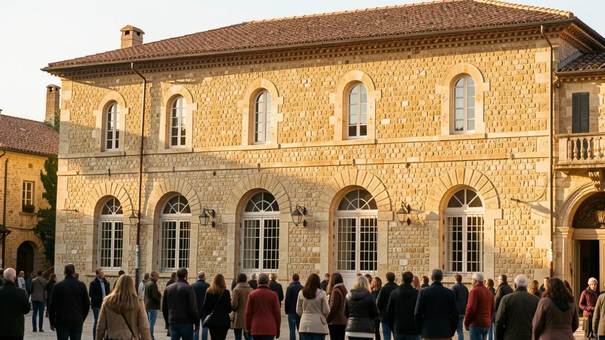 Imatge genèrica d'un edifici històric de pedra amb teulada de teula, sota la llum càlida de la vesprada.