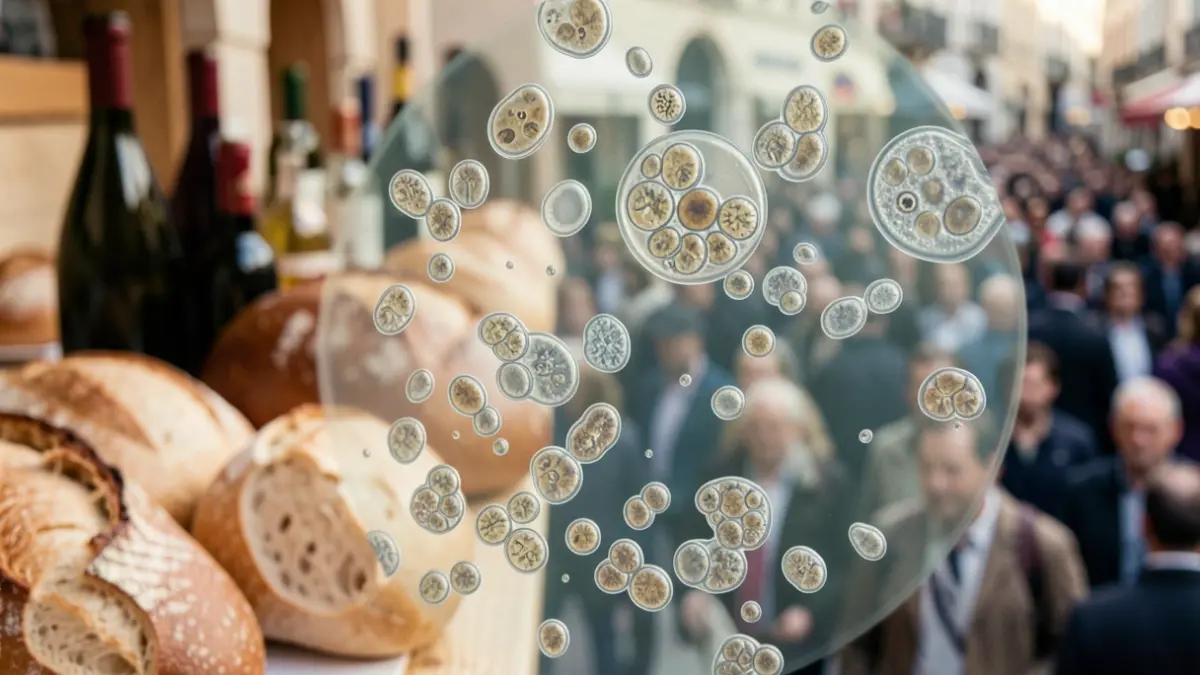 Imatge genèrica de cèl·lules de llevat vistes al microscopi, amb un fons difuminat d'aliments com pa i vi.