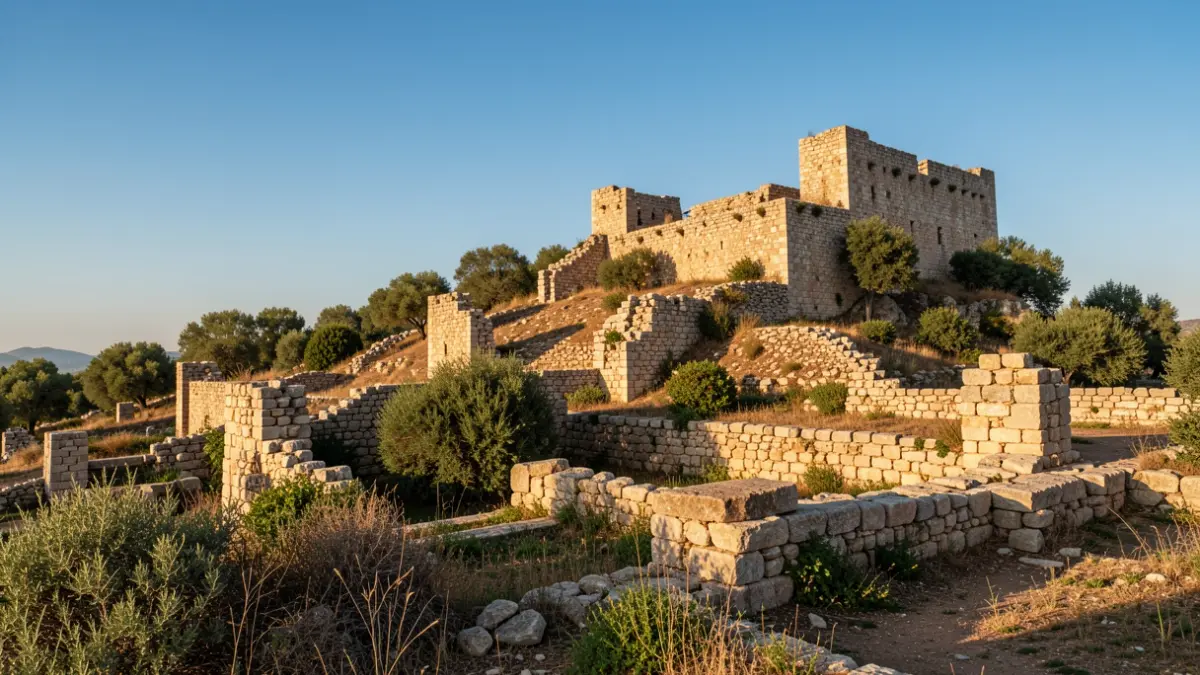 Imatge genèrica de restes arqueològiques d'un poblat fortificat en un turó amb vegetació mediterrània.
