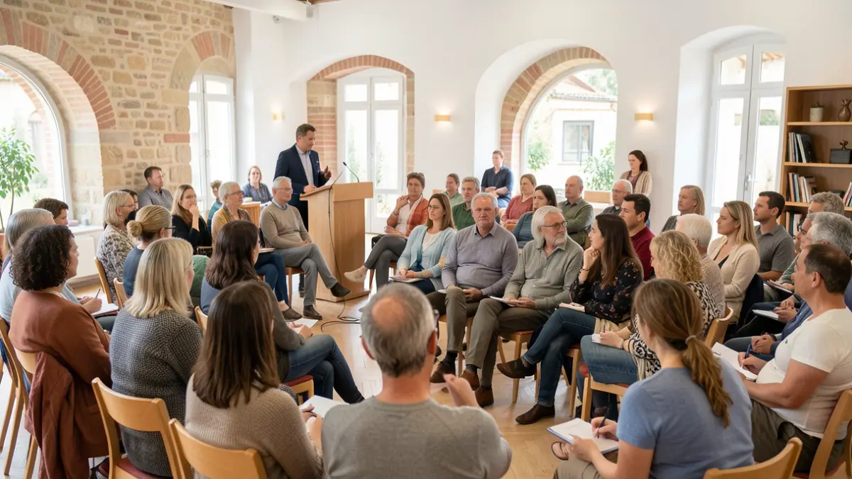 Imatge genèrica d'un grup de persones assistint a una xarrada en un centre comunitari.