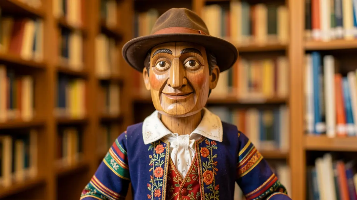 Image of a wooden puppet representing a Valencian fantasy character, with bookshelves in the background.