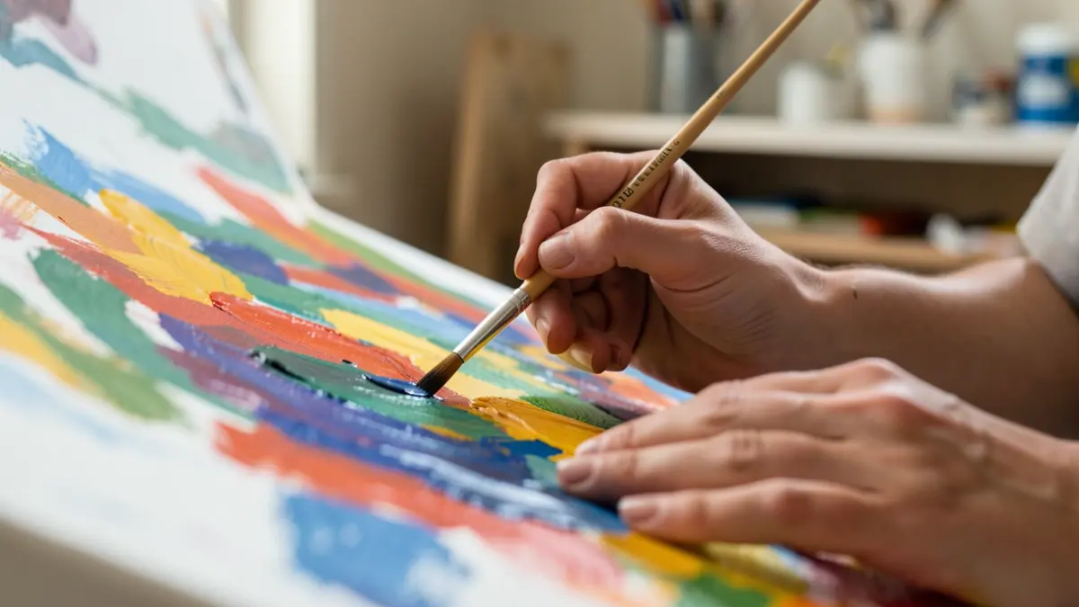 Generic image of hands holding a paintbrush over a canvas with colorful strokes.