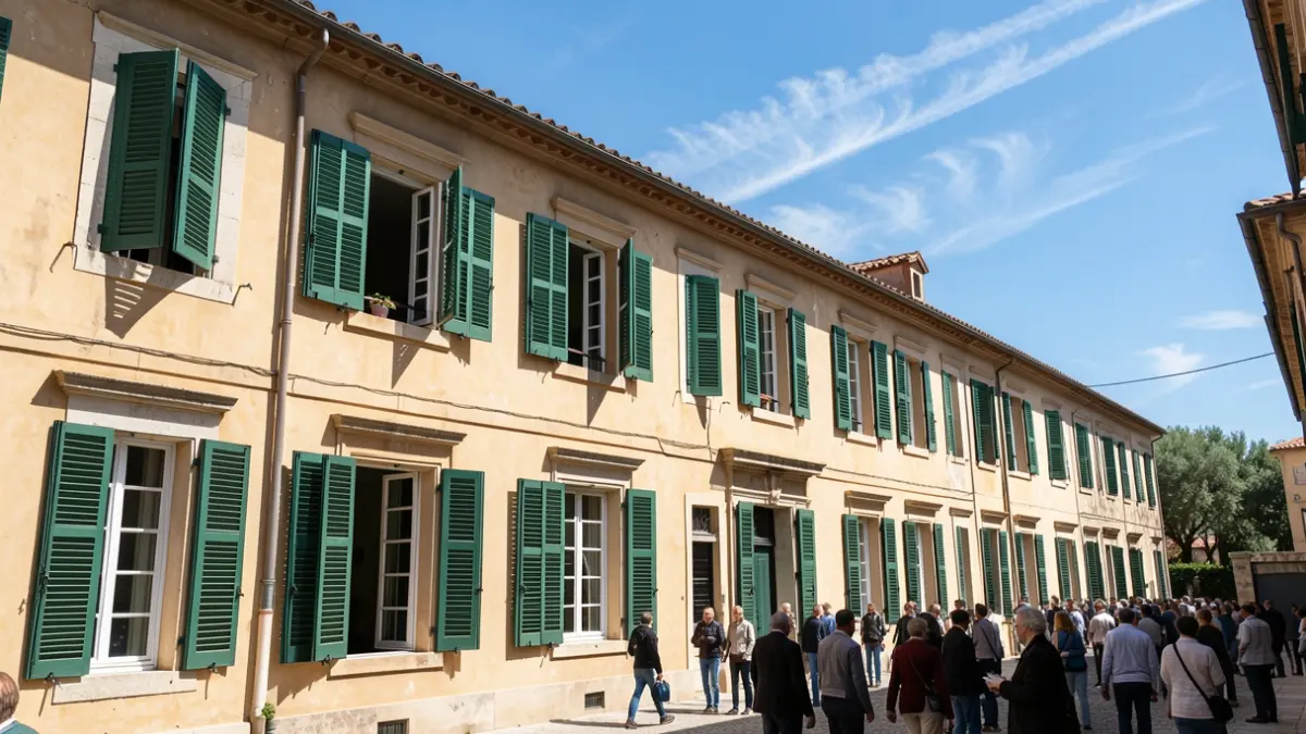 Imatge genèrica d'un edifici escolar mediterrani amb sol brillant i cel blau.