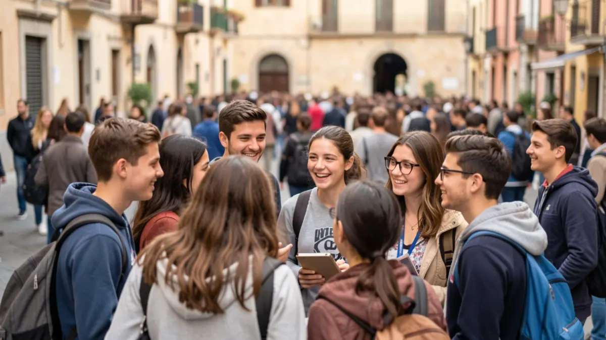 Generic image of young students participating in an international educational exchange, with Mediterranean architecture in the background.