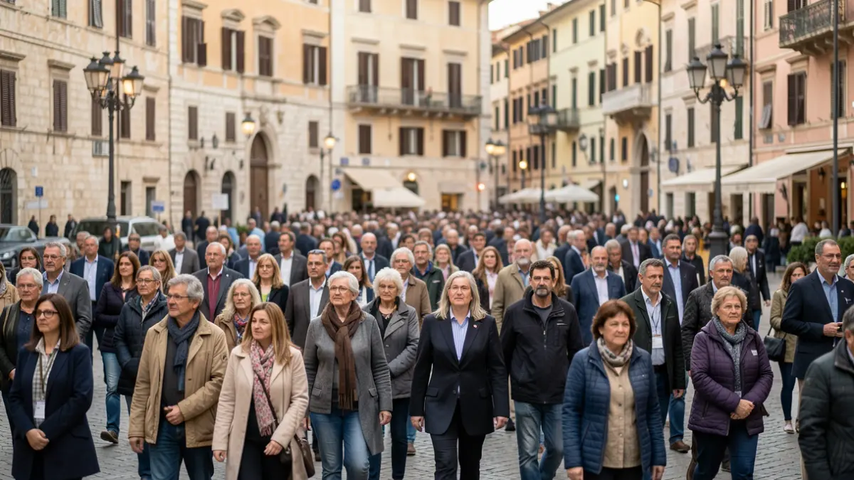 Generic image of people participating in a mental health awareness march in a Mediterranean city square.