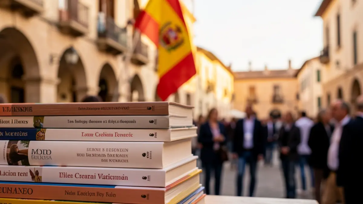 Imatge genèrica de llibres amb una senyera valenciana difuminada al fons.