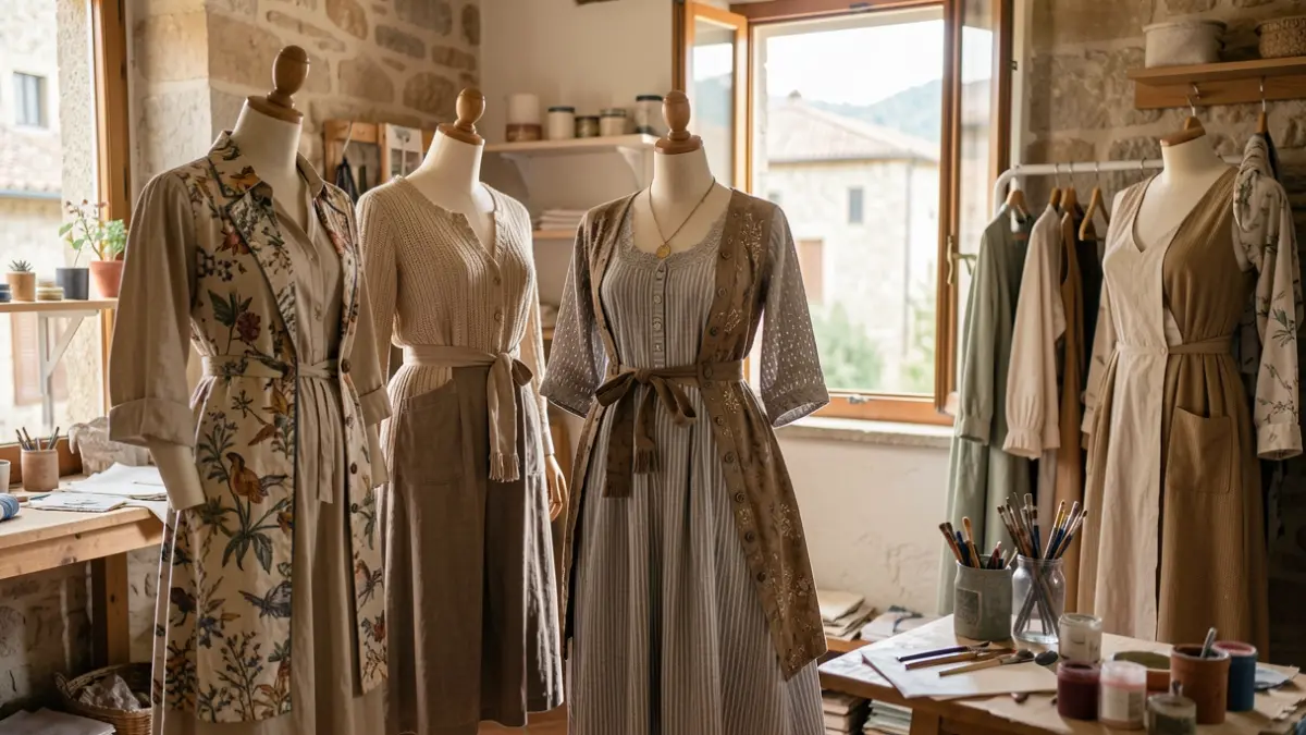 Espacio creativo de una diseñadora de moda en un pueblo mediterráneo con maniquíes vestidos con prendas únicas.