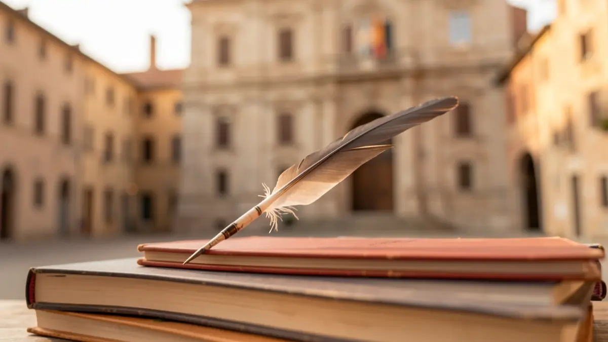 Imagen genérica de una pluma sobre libros frente a un edificio oficial.