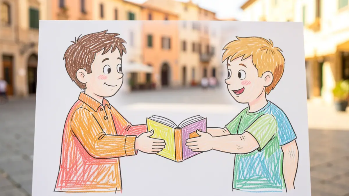Generic image of a child's drawing depicting two children and a book.