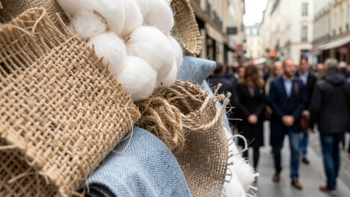 Imatge genèrica de diferents materials fibrosos naturals i reciclats, com cotó, jute i polièster reciclat, amb llum suau.