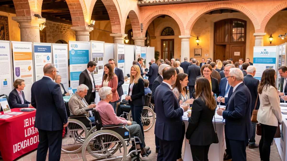 Imatge genèrica d'un fòrum d'ocupació inclusiu amb persones amb diversitat funcional i professionals d'empreses interactuant en un entorn mediterrani.