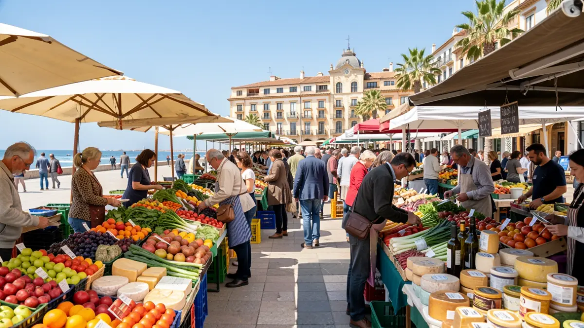 Generic image of an organic products fair on a Mediterranean promenade with stalls of fruits, vegetables, and cheeses.