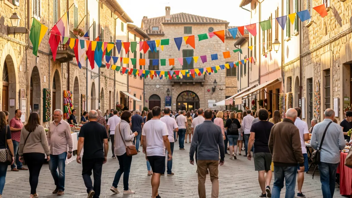 Imagen genérica de una plaza de pueblo mediterráneo durante una fiesta multicultural, con banderas y gente al fondo.