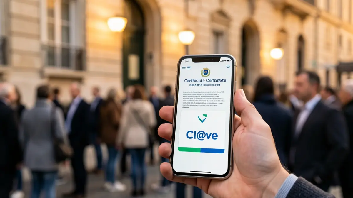 Imatge genèrica d'una mà sostenint un telèfon mòbil amb un certificat digital i una icona Cl@ve, amb un edifici administratiu difuminat al fons.
