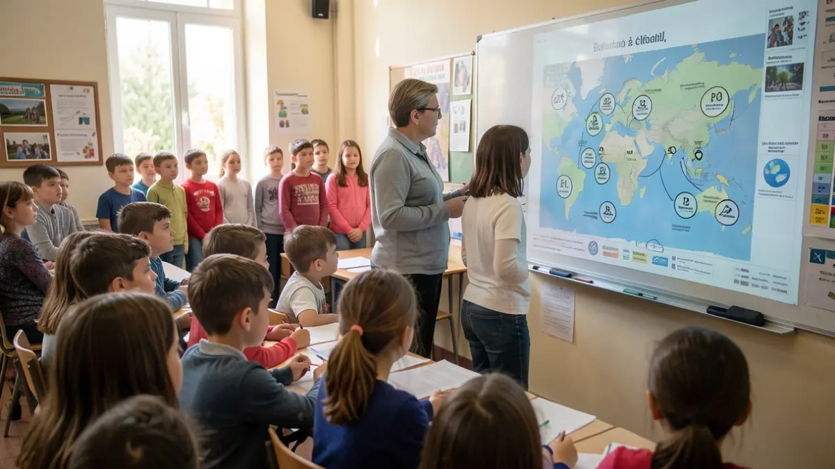 Imatge genèrica d'una aula amb alumnes i un mapa meteorològic.