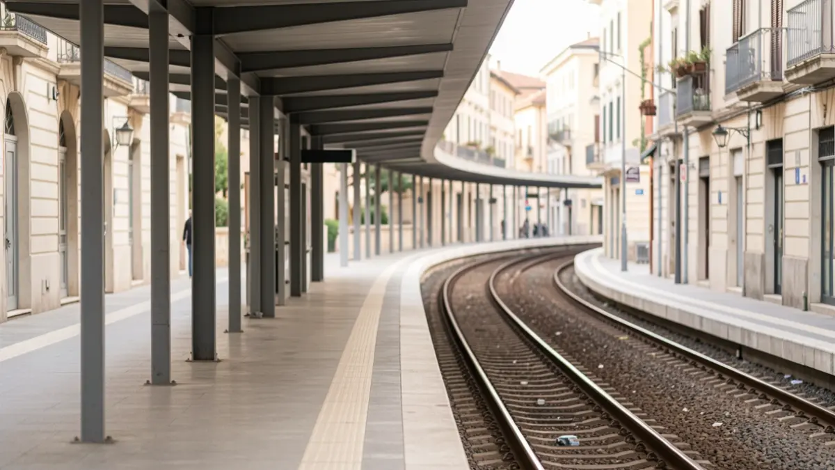 Andana de metro buida en una ciutat mediterrània amb vies que es perden a la distància.
