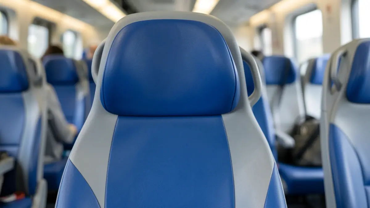 Imatge genèrica de seients de plàstic gris i blau en un interior de transport públic.