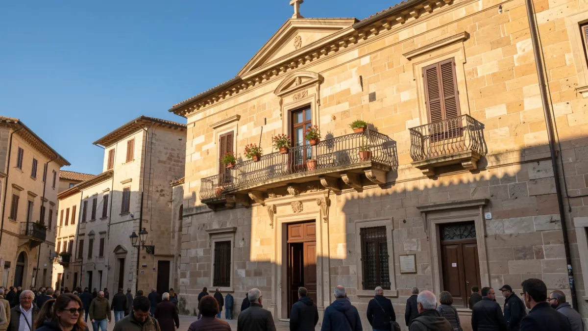 Imagen genérica de la fachada de un edificio oficial mediterráneo con balcón y barrotes de hierro, iluminada por la luz cálida de la tarde.