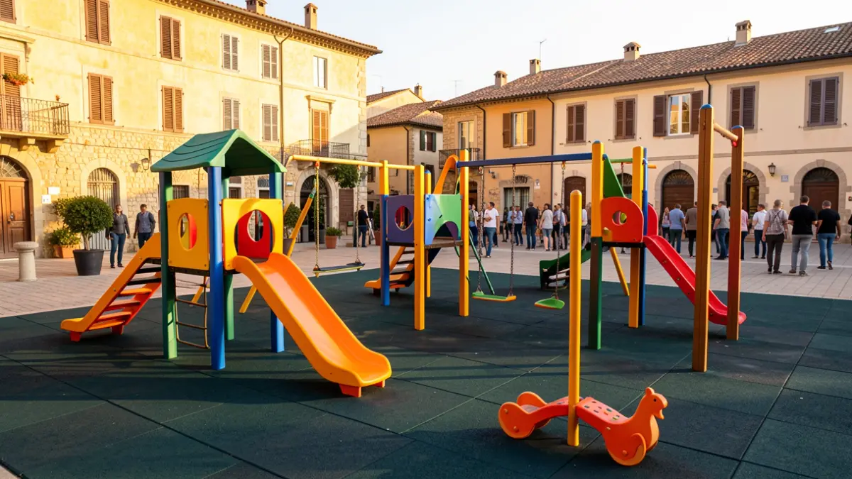Generic image of a modern children's playground with rubber flooring and play structures.