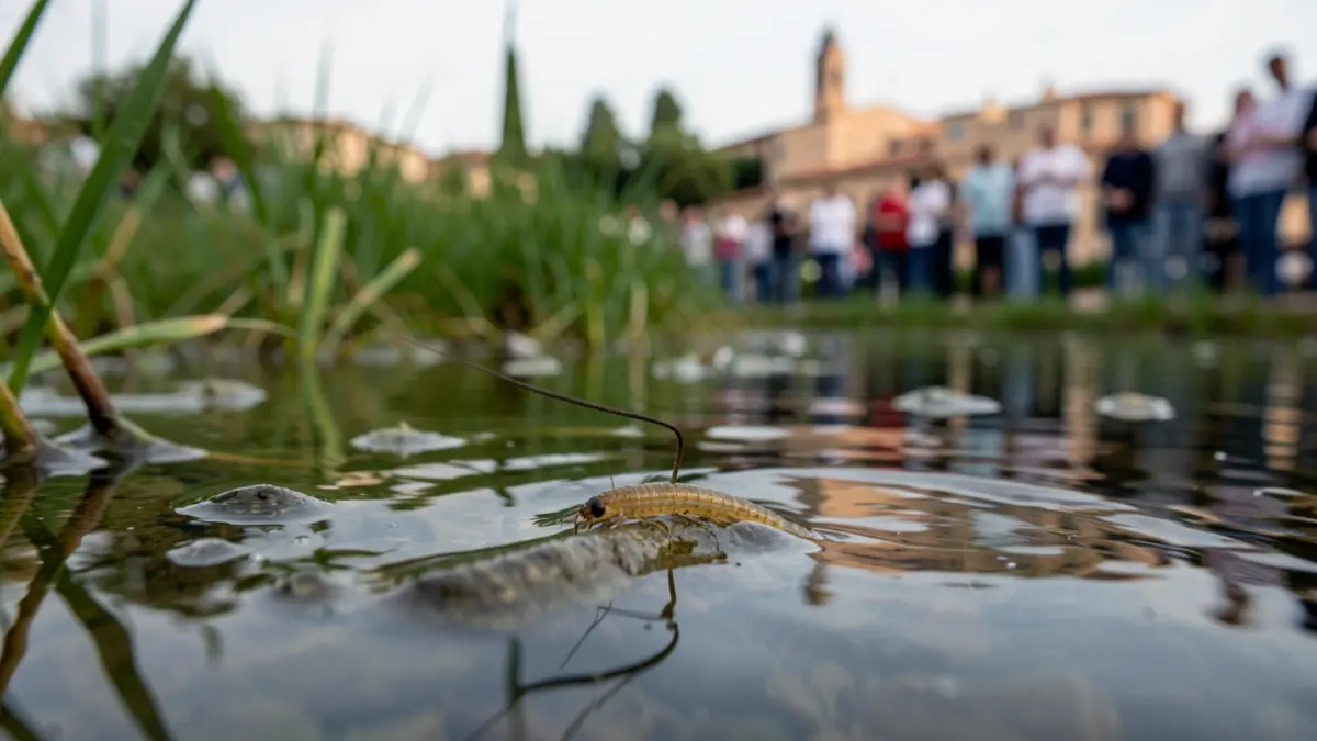 Generic image of mosquito larvae in stagnant water with a Mediterranean urban environment in the background.