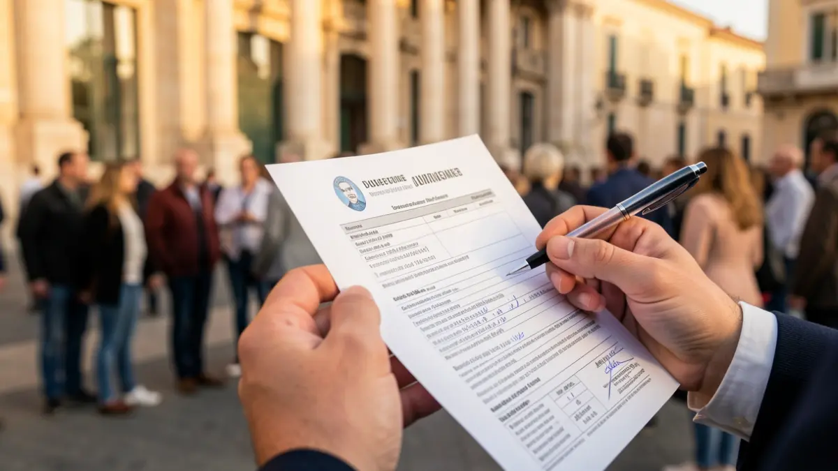 Generic image of a hand holding a job application form in front of a public building.