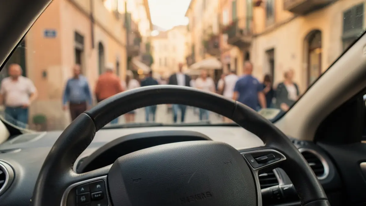 Generic image of a car steering wheel with a Mediterranean city street in the background.