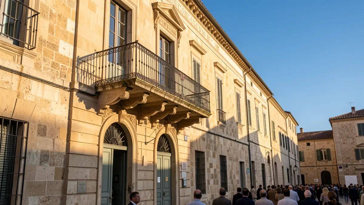 Generic image of a municipal building with a balcony and iron railings, illuminated by warm afternoon light.