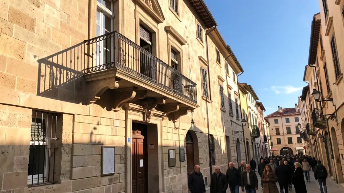 Imatge genèrica d'un edifici municipal amb balcó i baranes de ferro, amb llum de vesprada.
