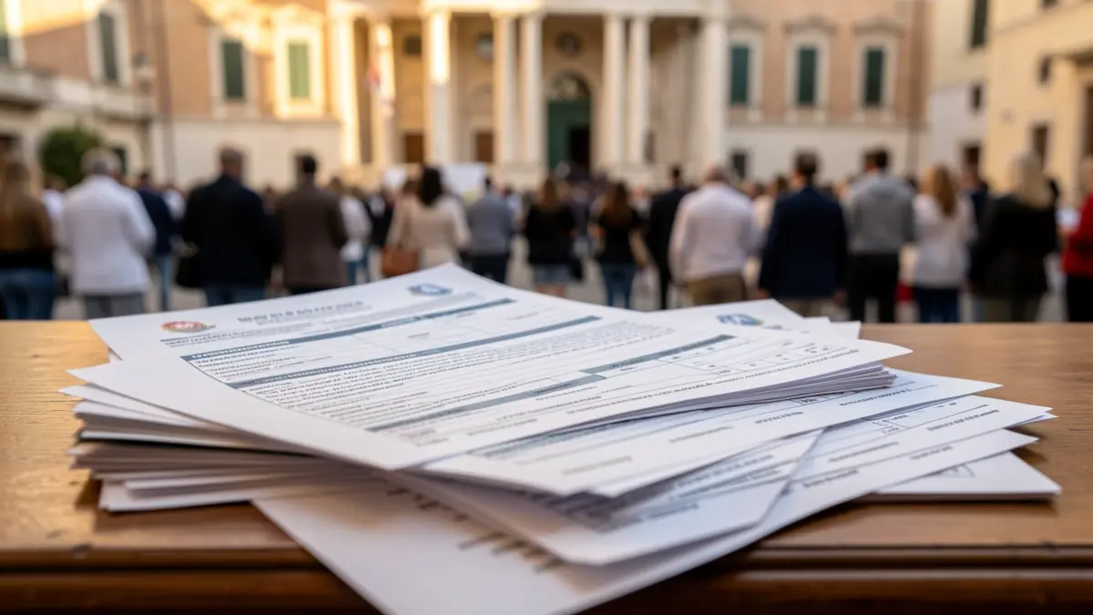 Imatge genèrica de documents oficials i formularis sobre una taula, amb la façana d'un ajuntament mediterrani desenfocada al fons.