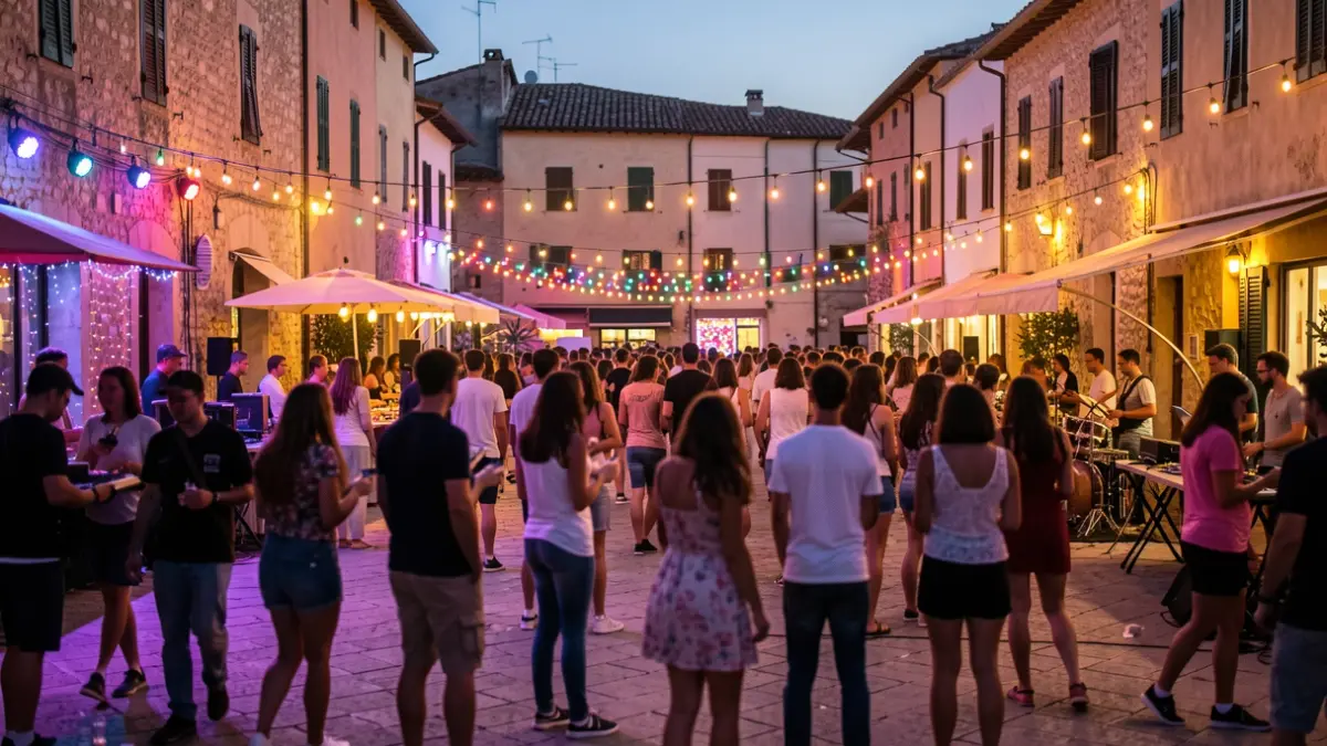Imagen genérica de un festival juvenil al aire libre al atardecer, con gente disfrutando de música y actividades.
