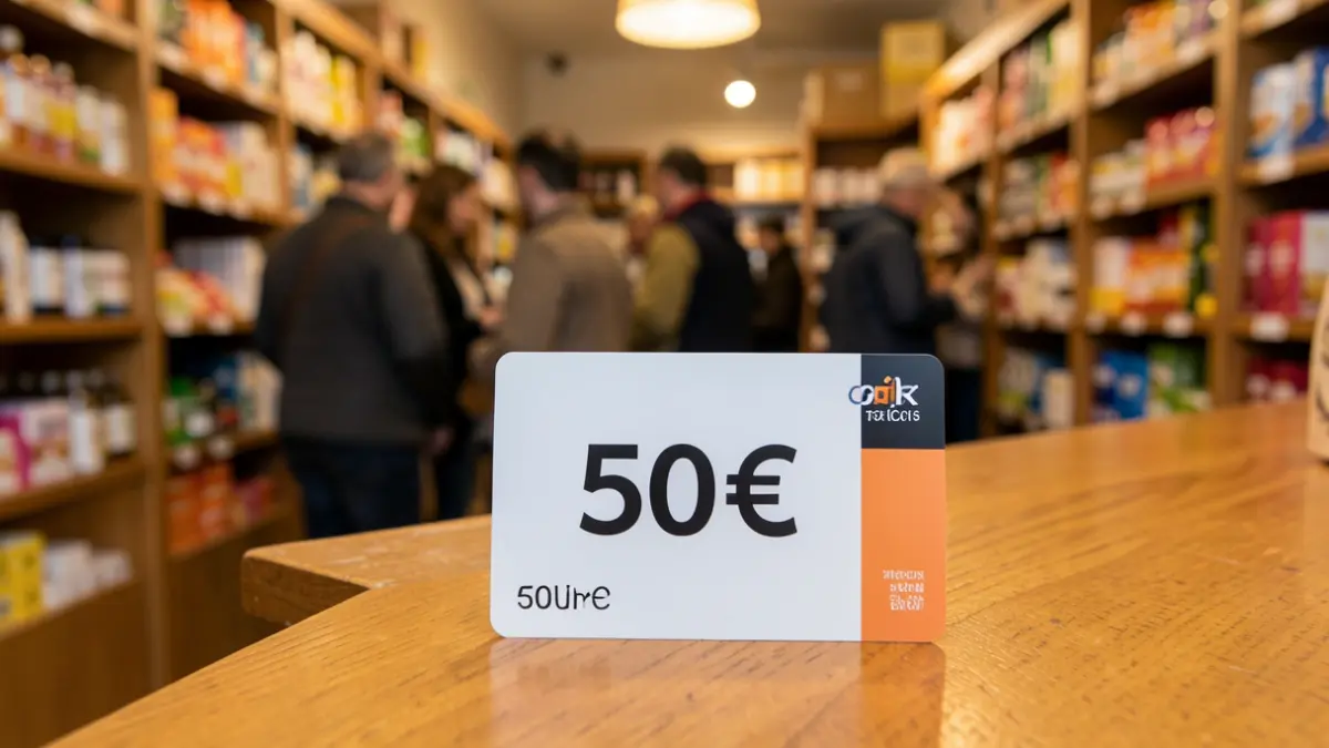 Imagen genérica de una tarjeta regalo sobre un mostrador en un comercio local.