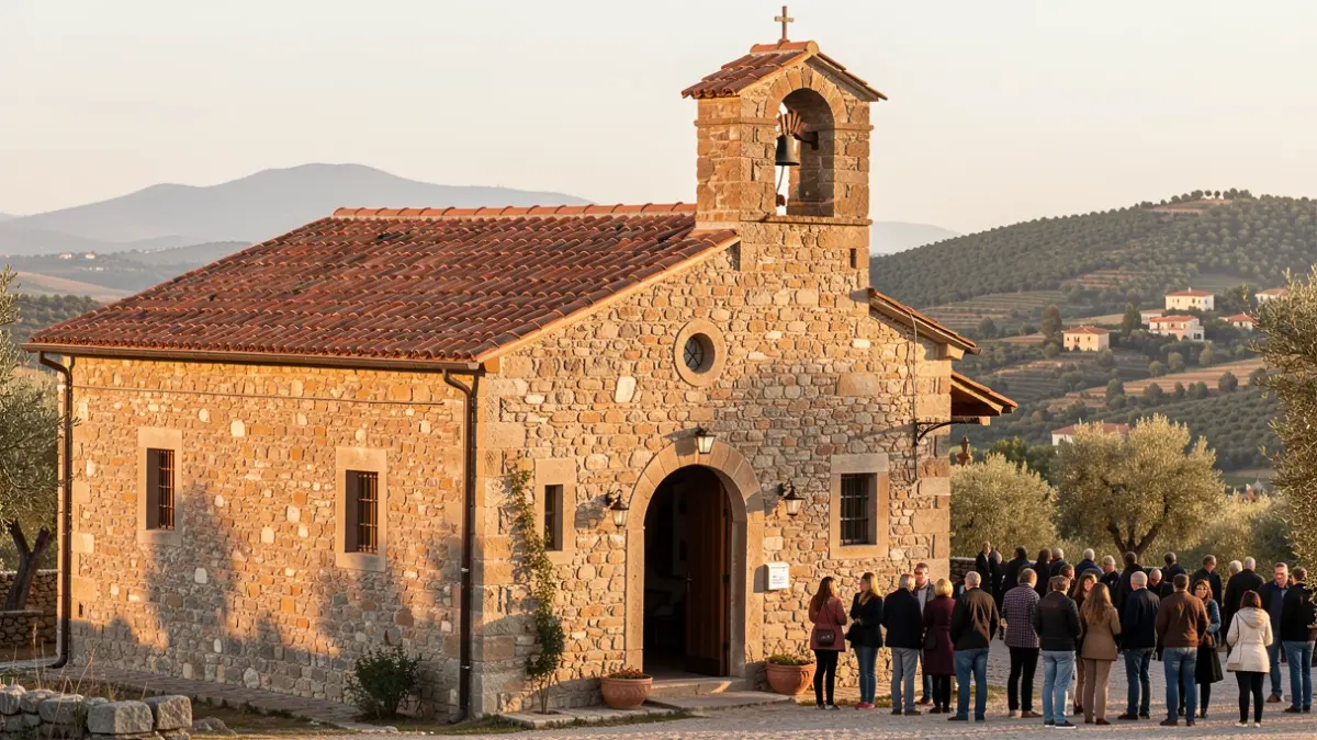 Imatge genèrica d'una façana d'ermita de pedra amb un campanar, sota la llum del sol de la vesprada.