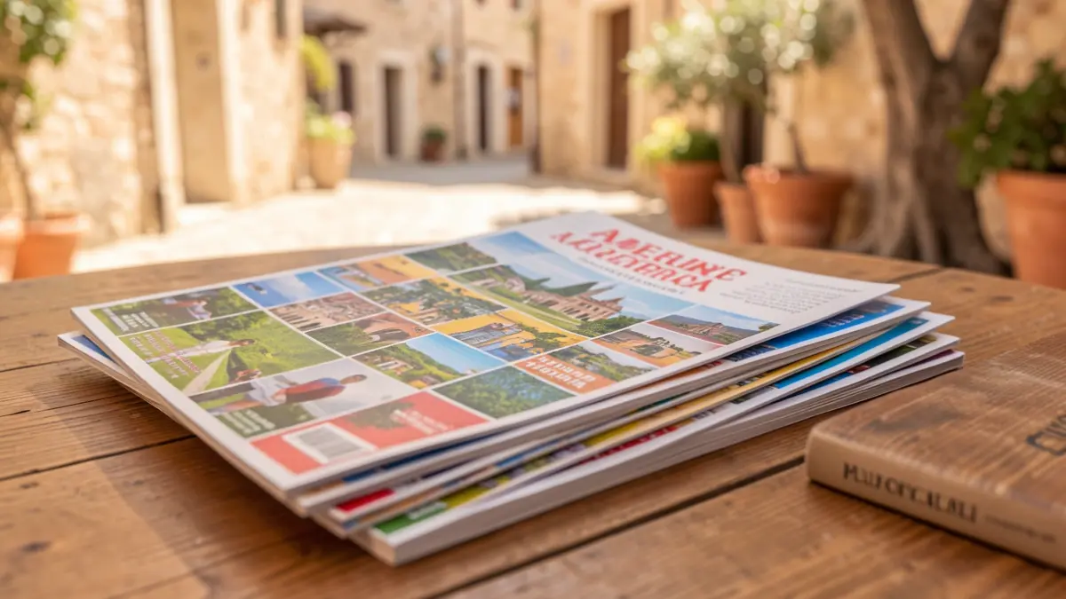 Imatge genèrica de fullets turístics i un llibre de receptes sobre una taula de fusta.