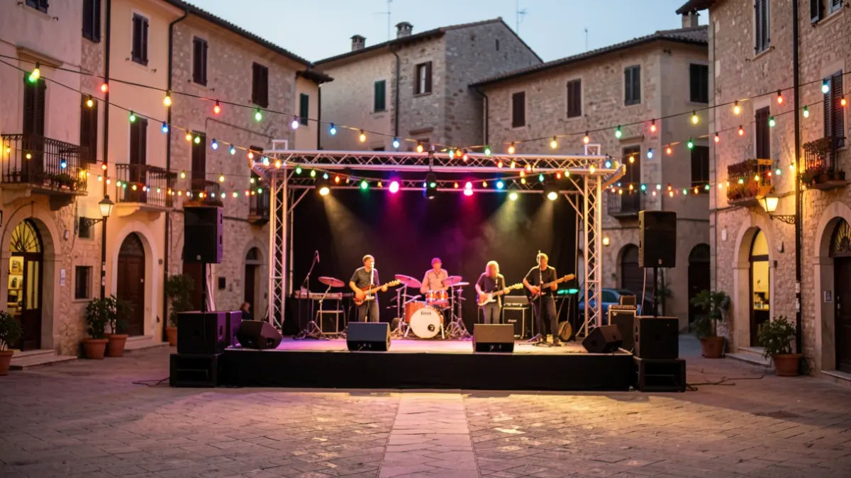 Generic image of an outdoor festival stage at dusk.