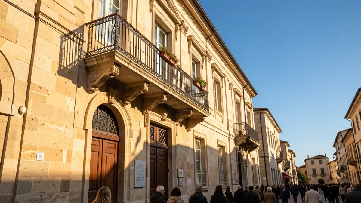 Generic image of a Mediterranean town hall building with a balcony and iron railings, illuminated by warm afternoon light.