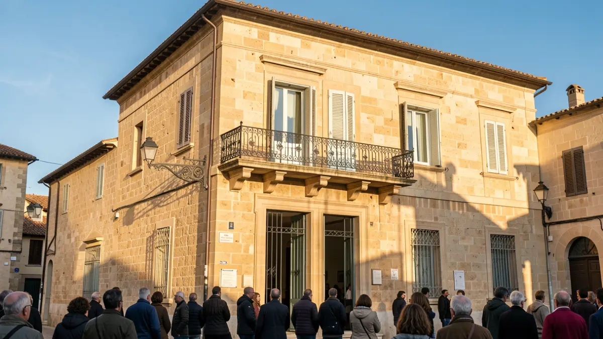 Generic image of a Mediterranean town hall facade with a balcony and iron railings, afternoon light.