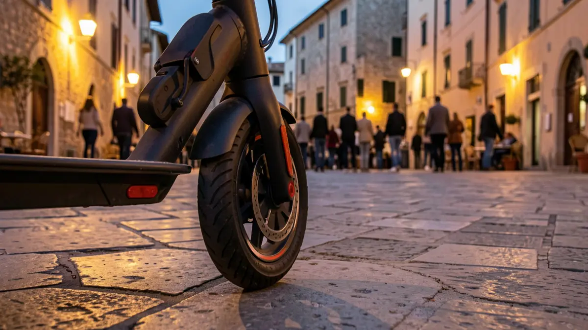Generic image of an electric scooter parked in a square at dusk.