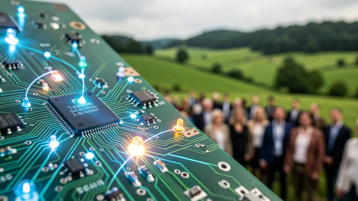 Imagen genérica de un circuito electrónico con nodos brillantes sobre un paisaje verde.