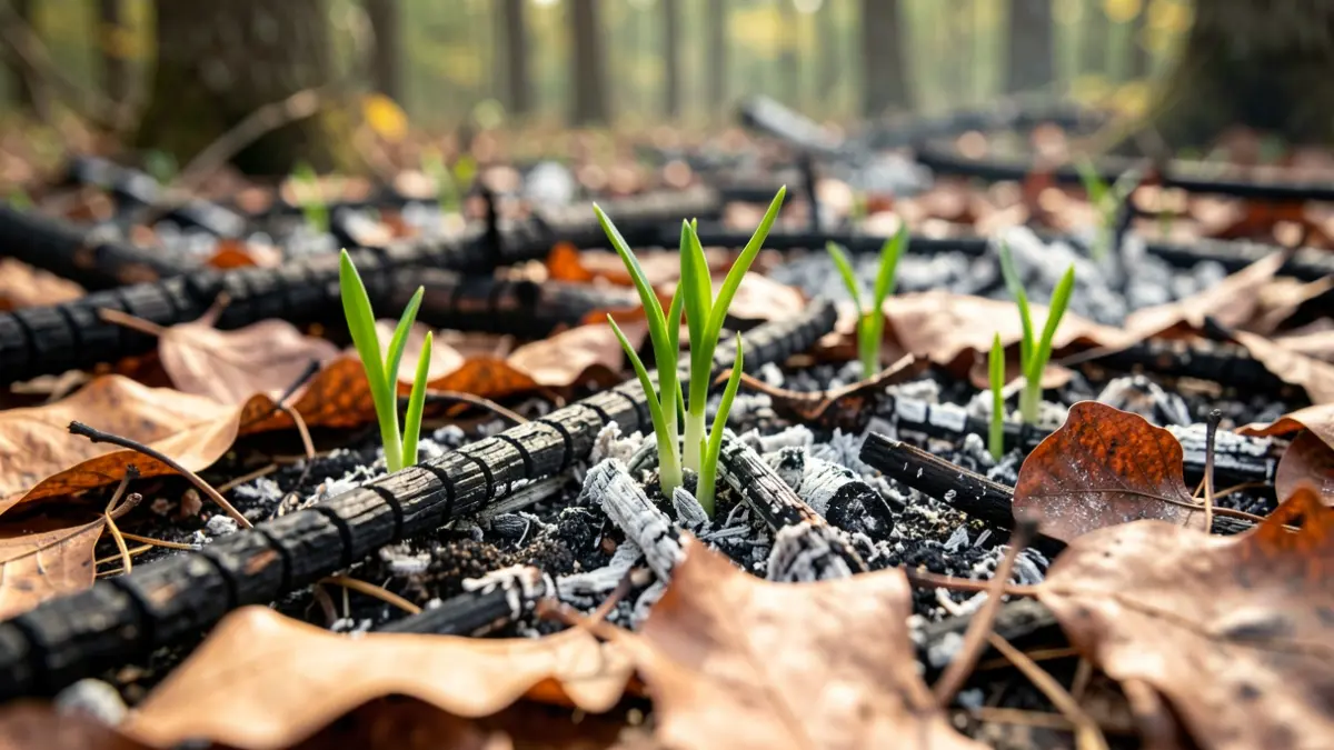 Imatge genèrica de fulles cremades al terra d'un bosc amb brots verds emergint.