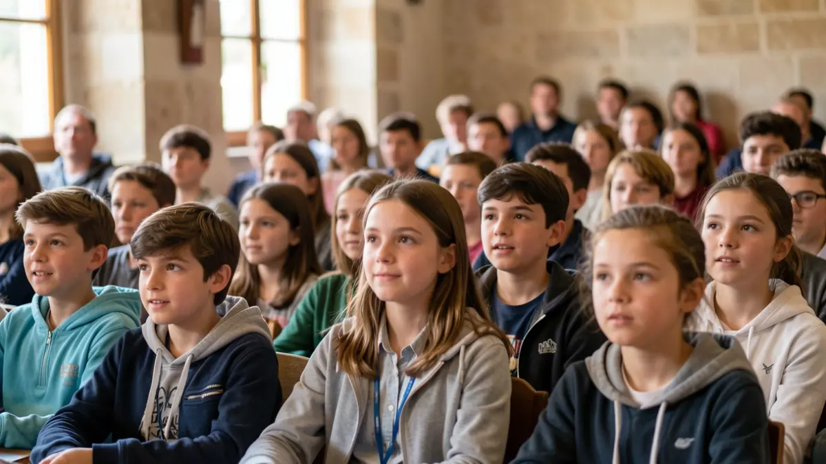 Generic image of a group of young students in a room, paying attention to an explanation.