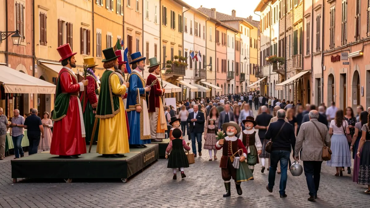 Generic image of a parade of giants and traditional figures in a Mediterranean urban setting.