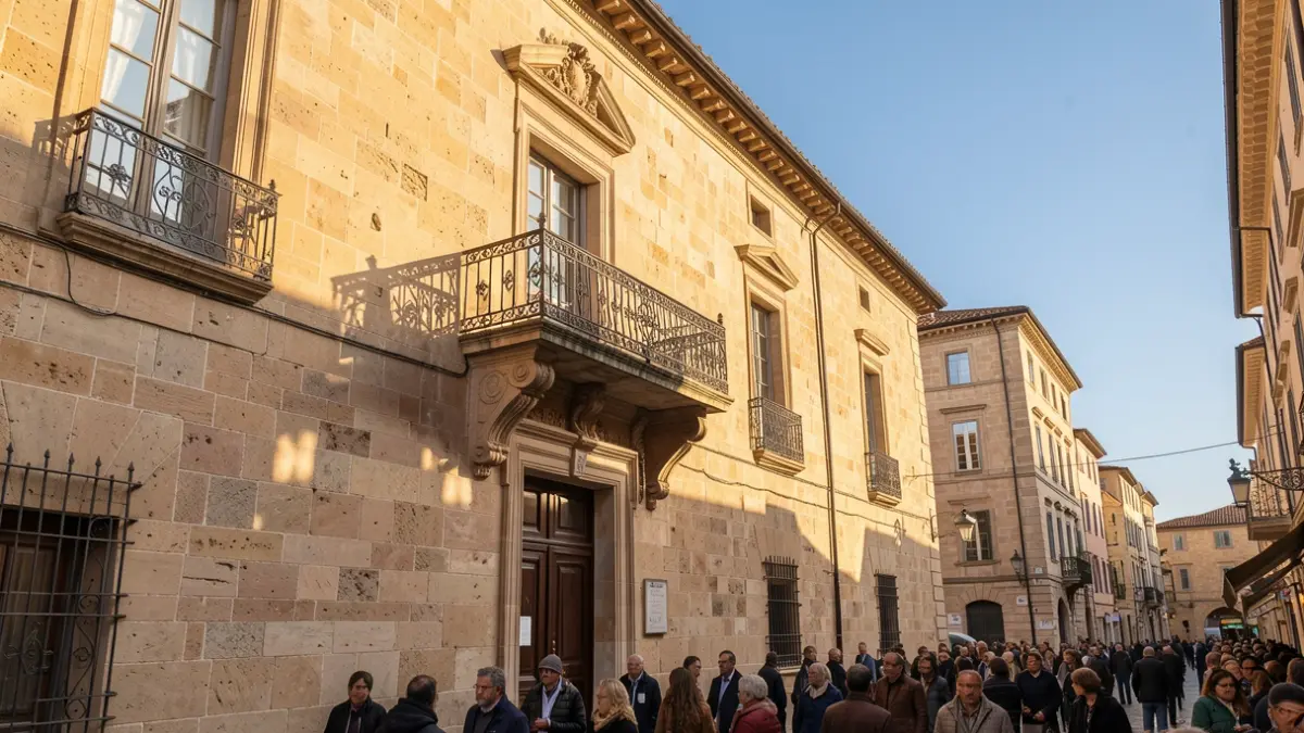 Generic image of an official building with a balcony and blue sky.