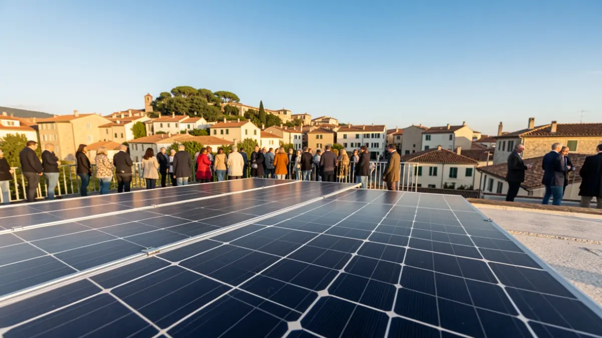 Generic image of solar panels on a rooftop with a Mediterranean town in the background.