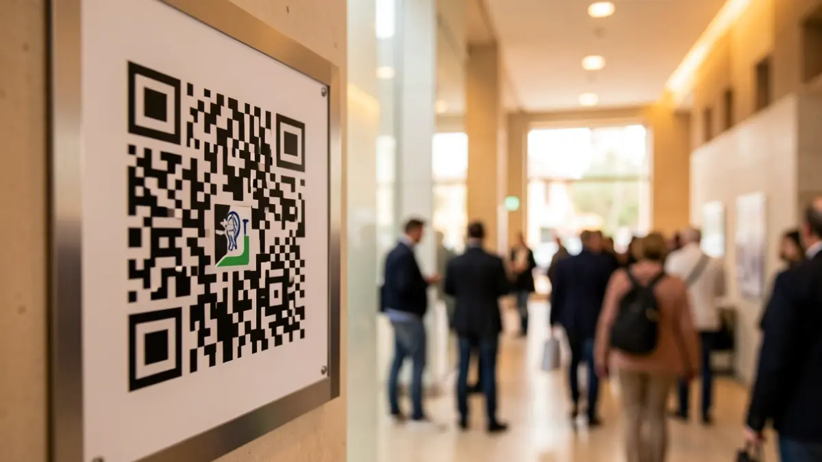 Generic image of a QR code on a public restroom sign in a Mediterranean urban setting.