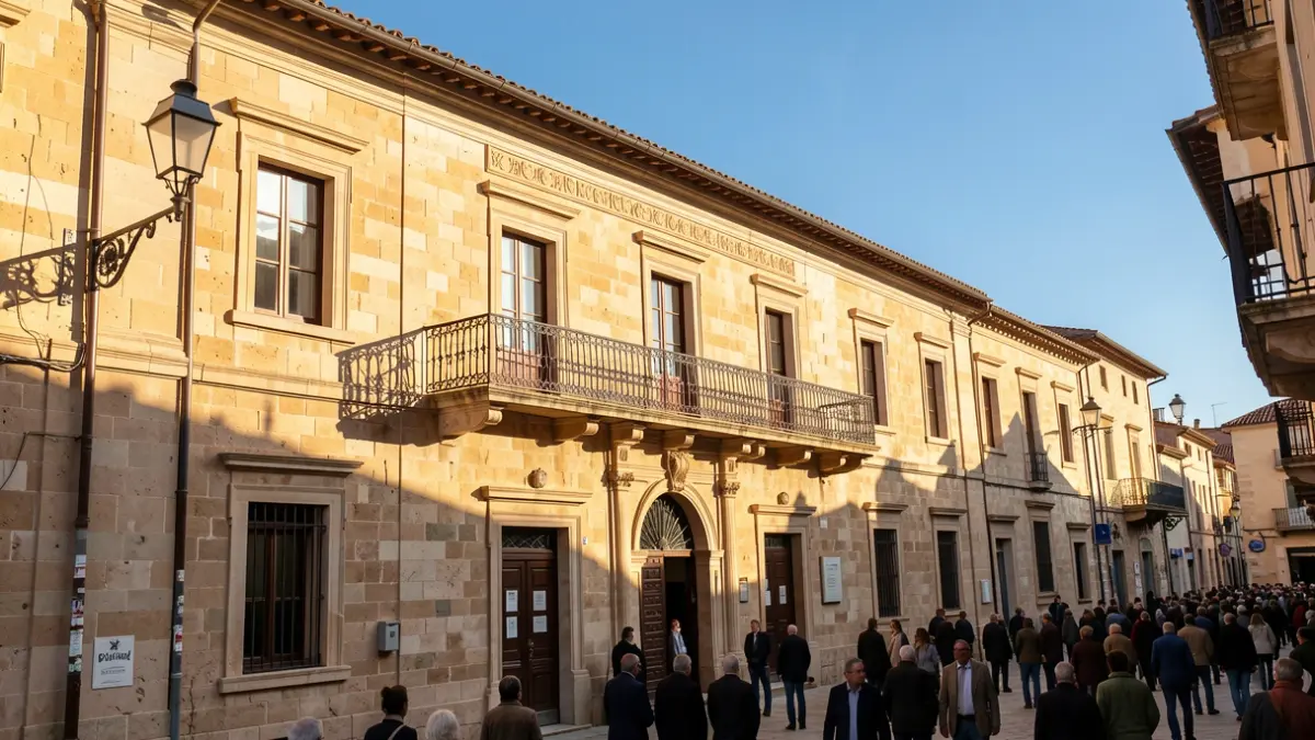 Imagen genérica de un edificio municipal con balcón y barandillas de hierro, iluminado por la luz cálida de la tarde.