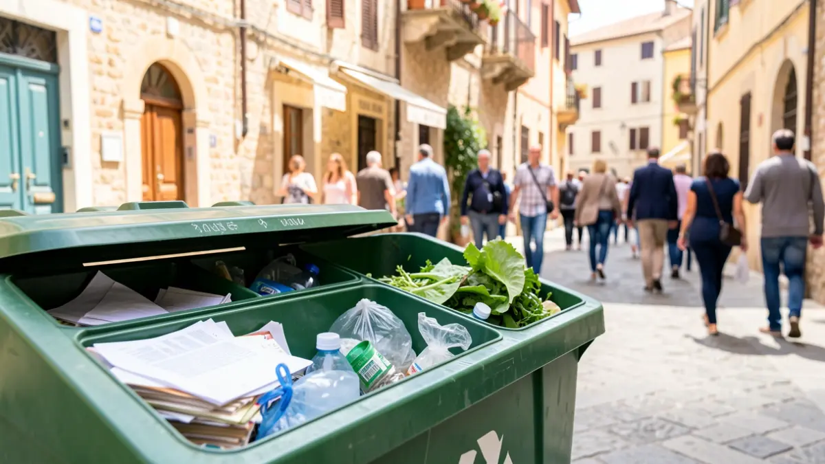 Generic image of recycling bins in a Mediterranean urban setting.