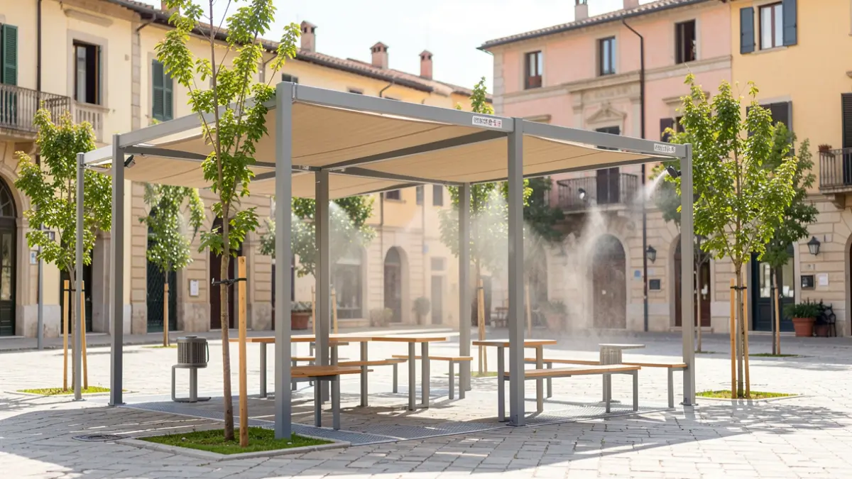 Generic image of urban furniture with misting system in a square with young trees.