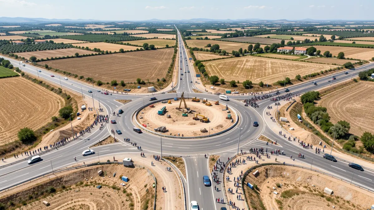 Generic image of roundabout and road construction in a Mediterranean landscape.