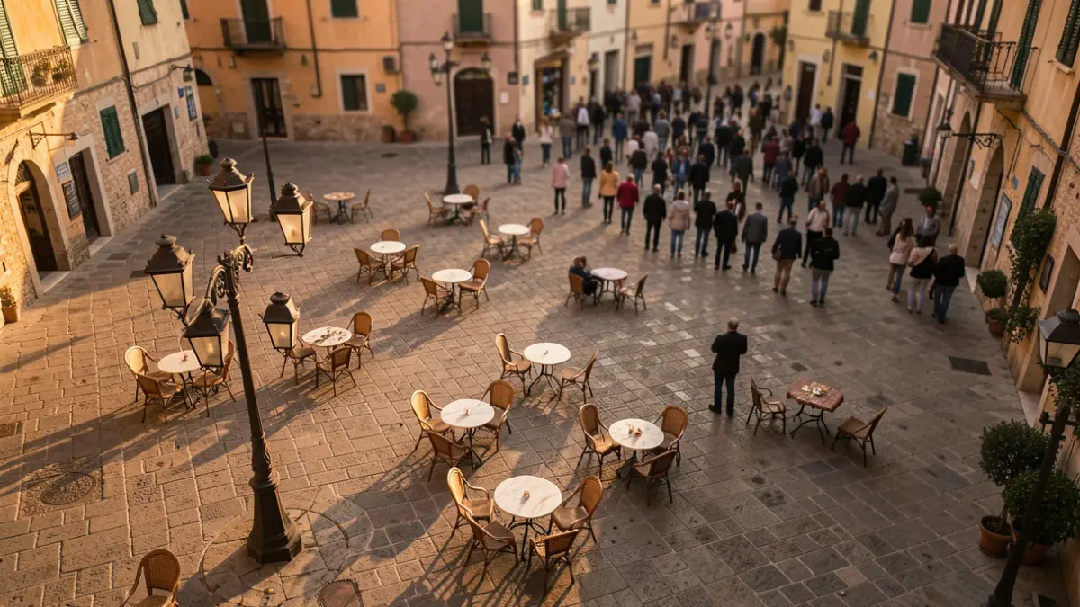 Generic image of a Mediterranean city square with street furniture and night lighting.
